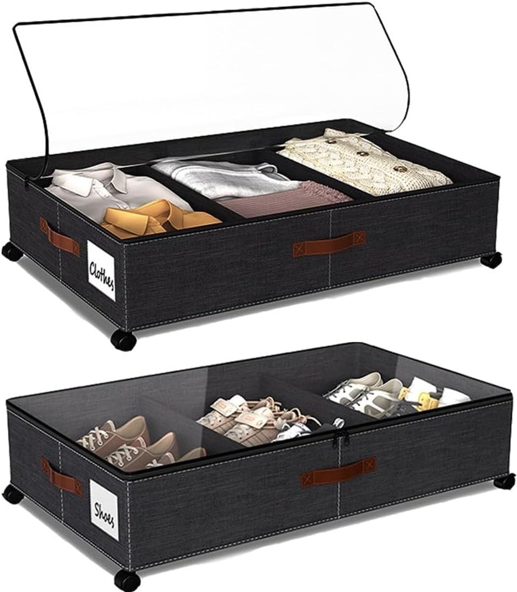 Ruimtebesparende Opbergbak met Wielen voor Onderbed, Ideaal voor Kleding, Speelgoed en Boeken, Zwart Met Metalen Frame