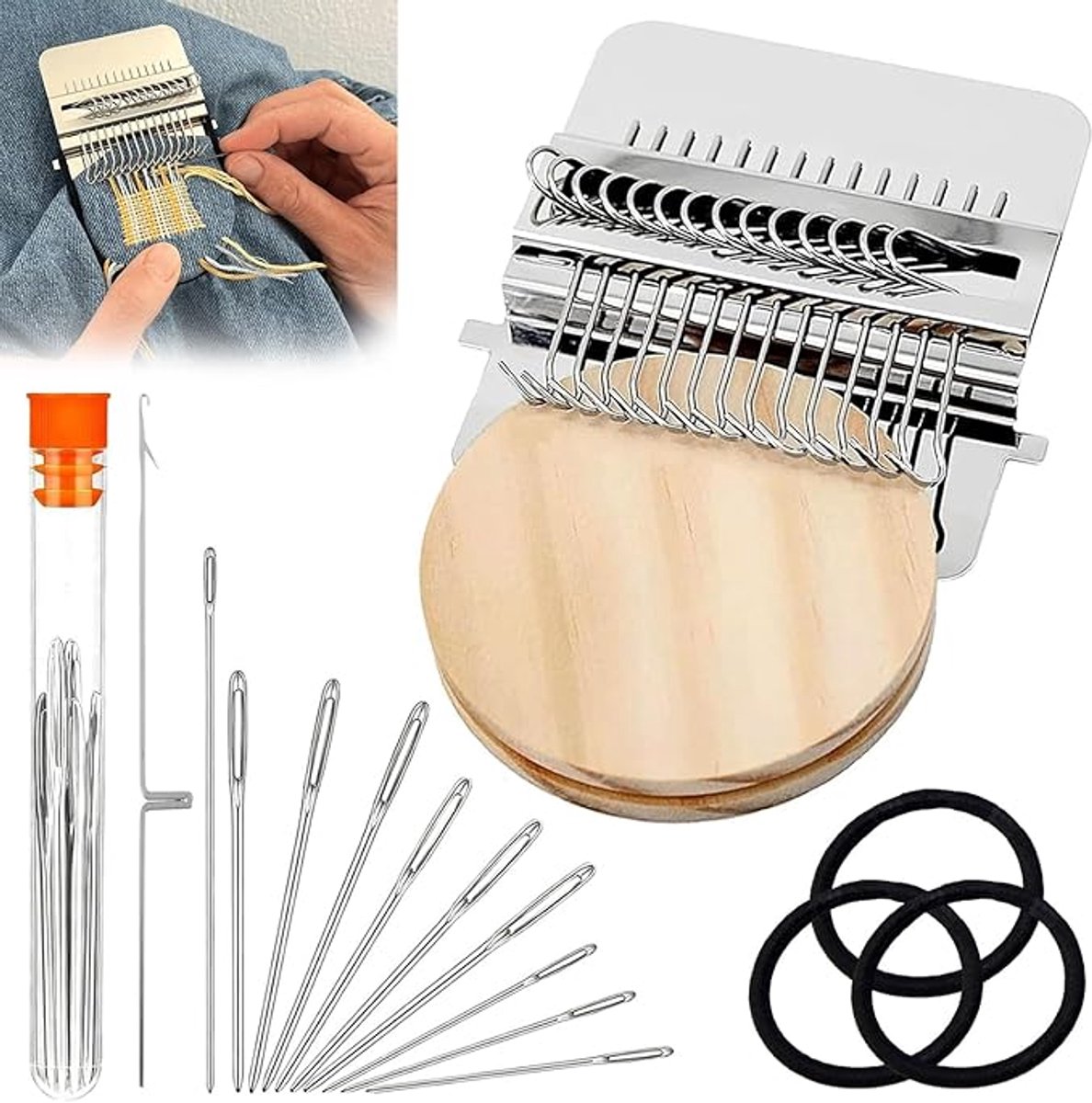 Knit Patch Kit - Draagbare Darning Loom Met 28 Haken - Voor Beginners - Repareer Gaten In Sokken Kleding Jeans - Snelle Patchwork Weeftool -Emmernaalden + 3 zwarte leren bandjes + 10 markeergespen