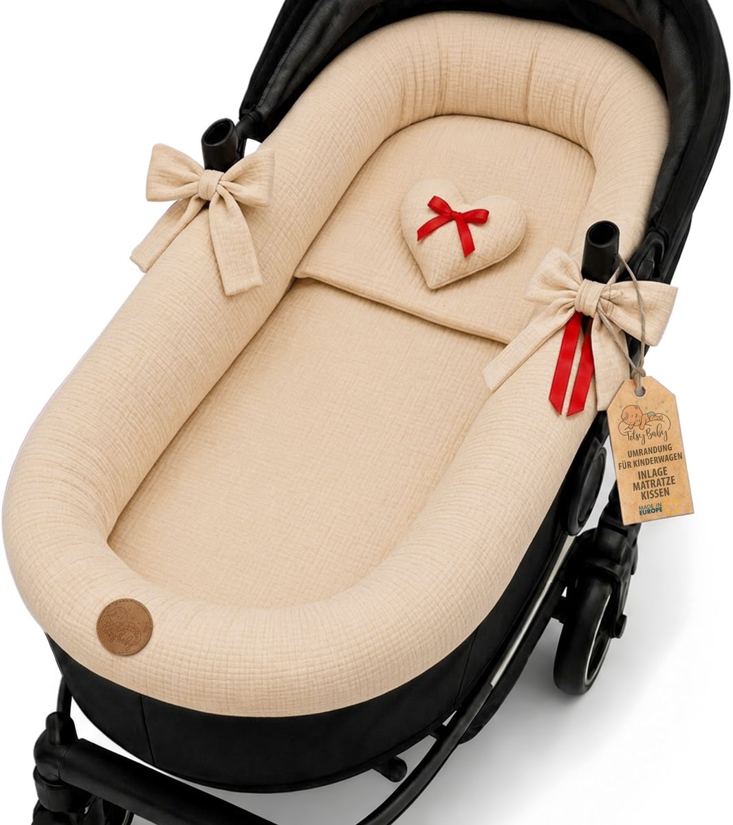 Universele Reiswieg Bekleding van Mousseline Katoen – Ademende Hoes die de Kinderwagen Bekleedt en Beschermt – Set 3-delig met Kussen en Matras voor Pasgeboren Beige B