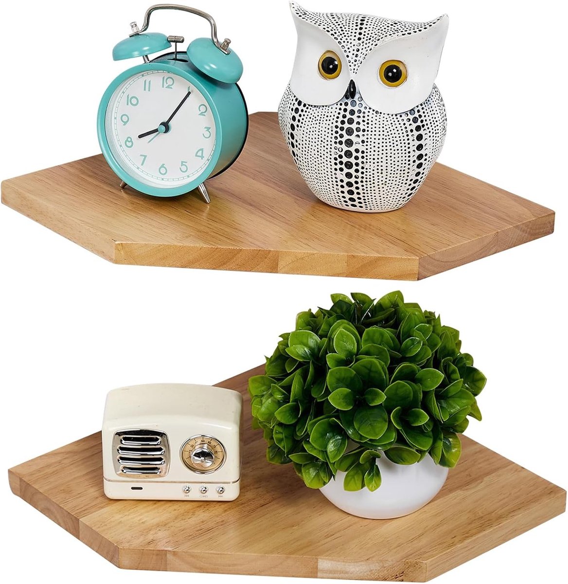 Set van 2 Houten Hoekplanken in Vintage Stijl voor Slaapkamer en Woonkamer, Ideaal voor Decoratie en Opbergruimte, Diamantvorm met Draadopening