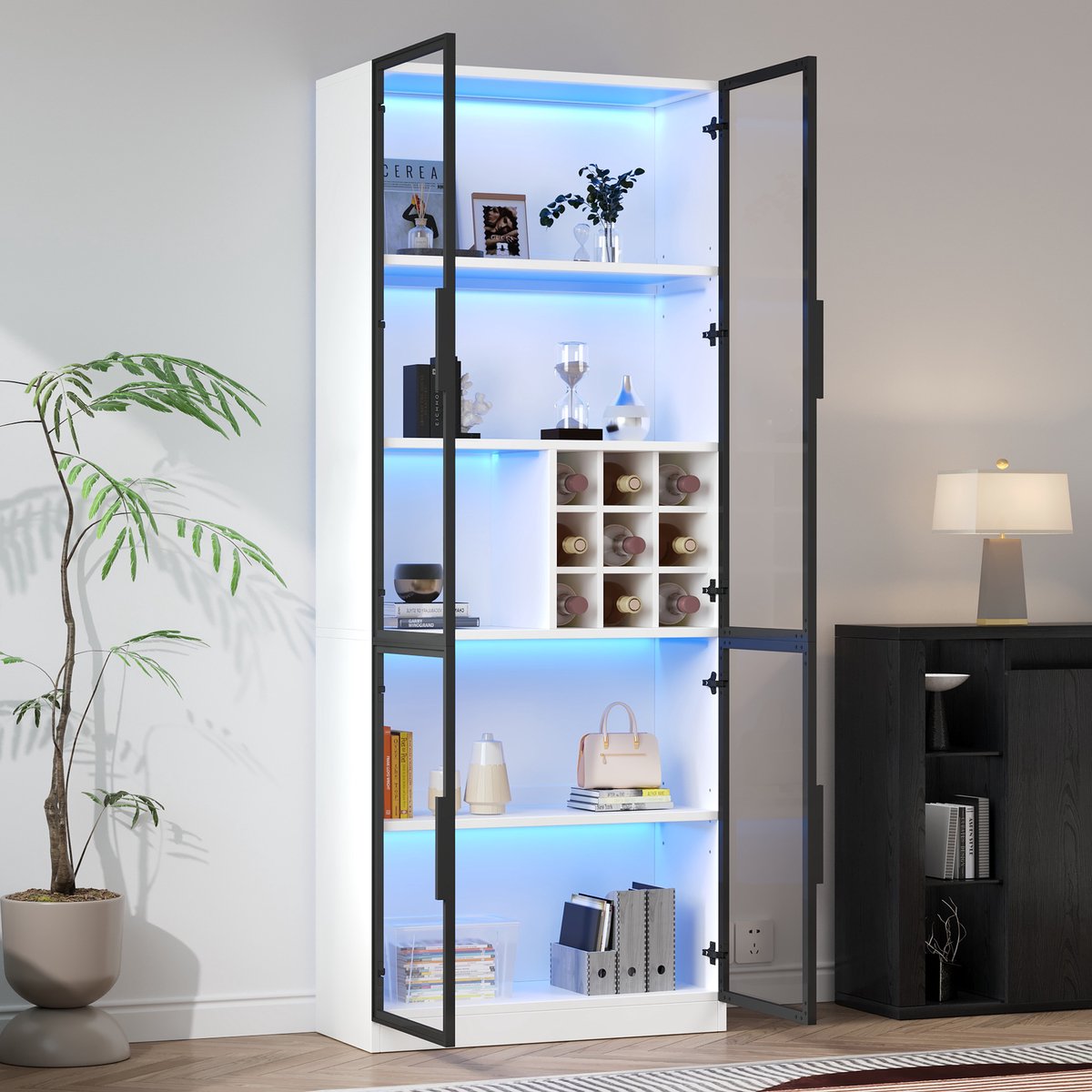 MODFU - Vitrinekast - LED Verlichting - Glazen Deuren - Wit - 80 X 35 X 200 Cm