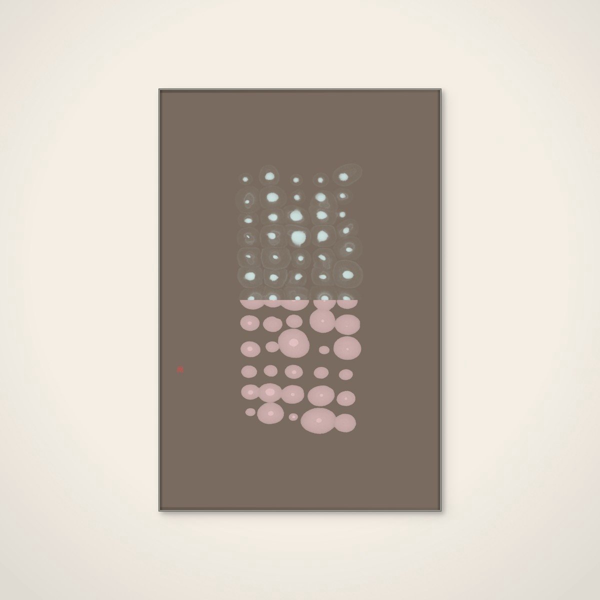 Akoestisch schilderij - 80 x 120 cm - Glowing Pink Blue Circles van Thoth Adan - Geometrische wanddecoratie - zilver textielframe