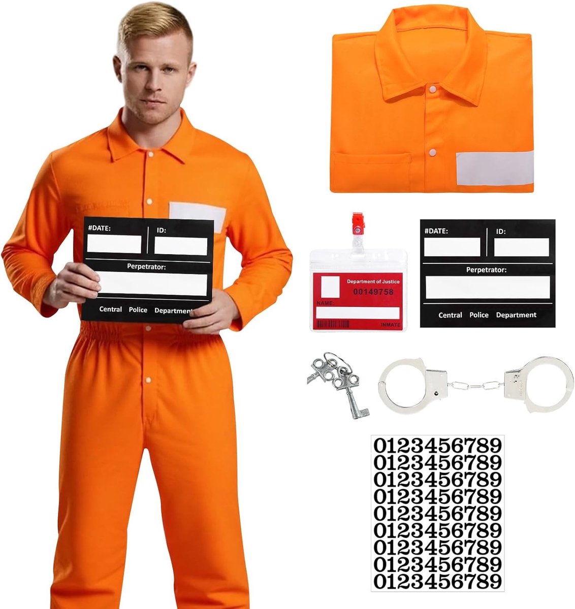 Oranje gevangeniskostuum voor mannen met informatiebord, ID-kaart, handboeien en overall voor Halloween, carnaval en verkleedfeest