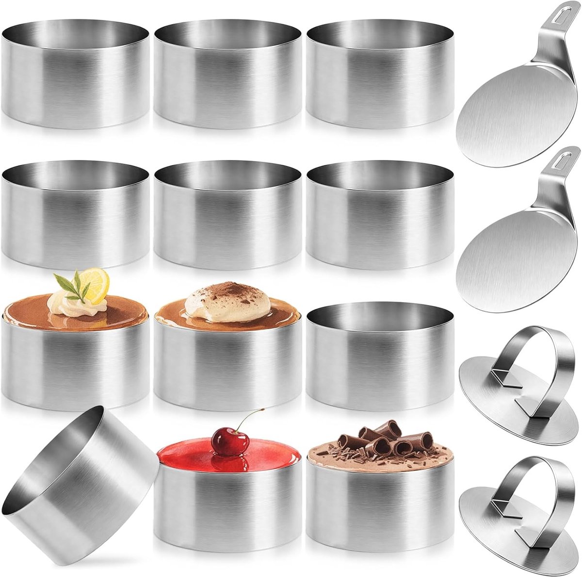Set van 12 ronde mousse ringen Ø 8 cm met taartpers en lifter, roestvrij staal, ideaal voor desserts, bakken en koken, vaatwasmachinebestendig