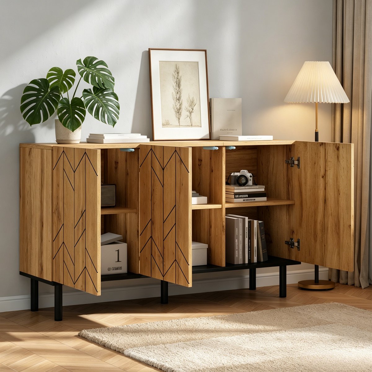MODFU - Dressoir - 3 Deuren - Wellenpatroon - Naturel Houtkleur - Zwarte Metalen Poten - 120 X 35 X 70 Cm