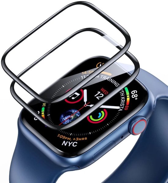 Een transparante screenprotector wordt boven een blauw Apple Watch geplaatst.