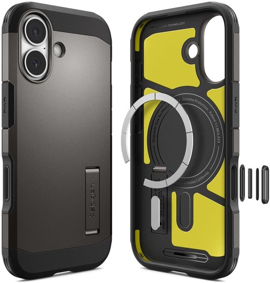 Een zwarte en gele telefoonhoes van Spigen, met standaard en magnetische MagFit ring.