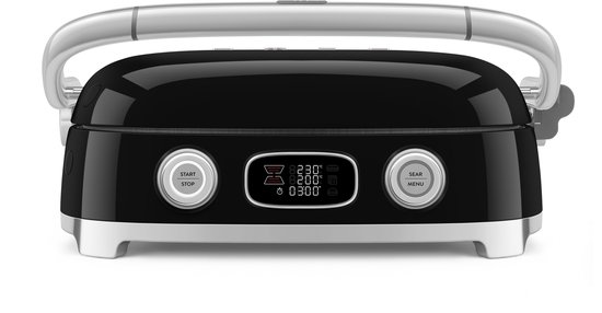 Zwarte contactgrill met chromen handgreep en display met temperatuur- en timerinstellingen.
