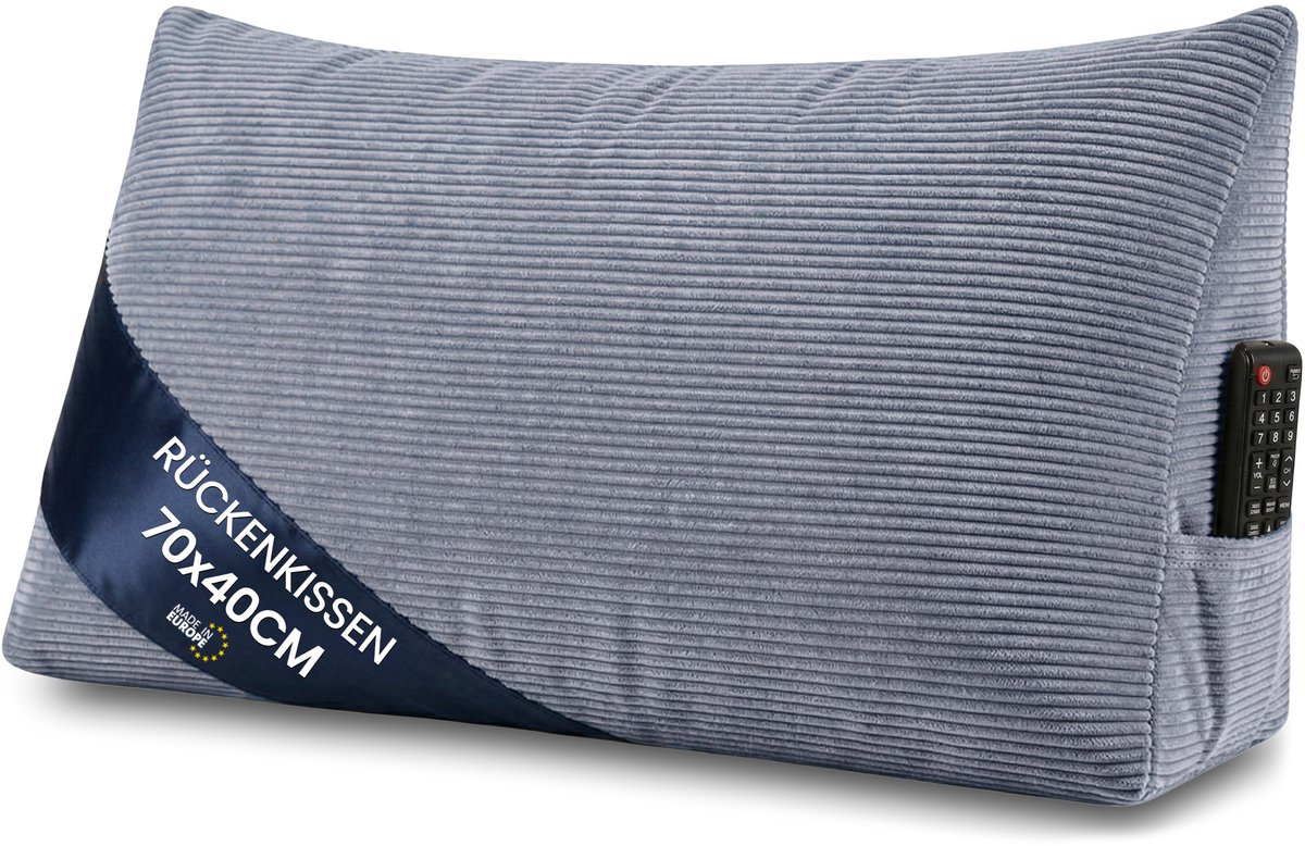Leeskussen voor bed bank en hoofdbord 70 cm breed - groot driehoekig wigkussen rugkussen – bankkussen rugsteun lendenkussen om comfortabel te lezen in bed of tv te kijken kussen Jeansblauw – Corduroy