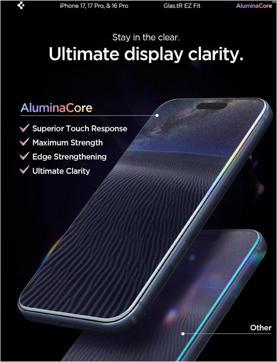 AluminaCore Glas.tR screenprotector voor iPhone 17, 17 Pro & 16 Pro, met 'Ultimate display clarity'.