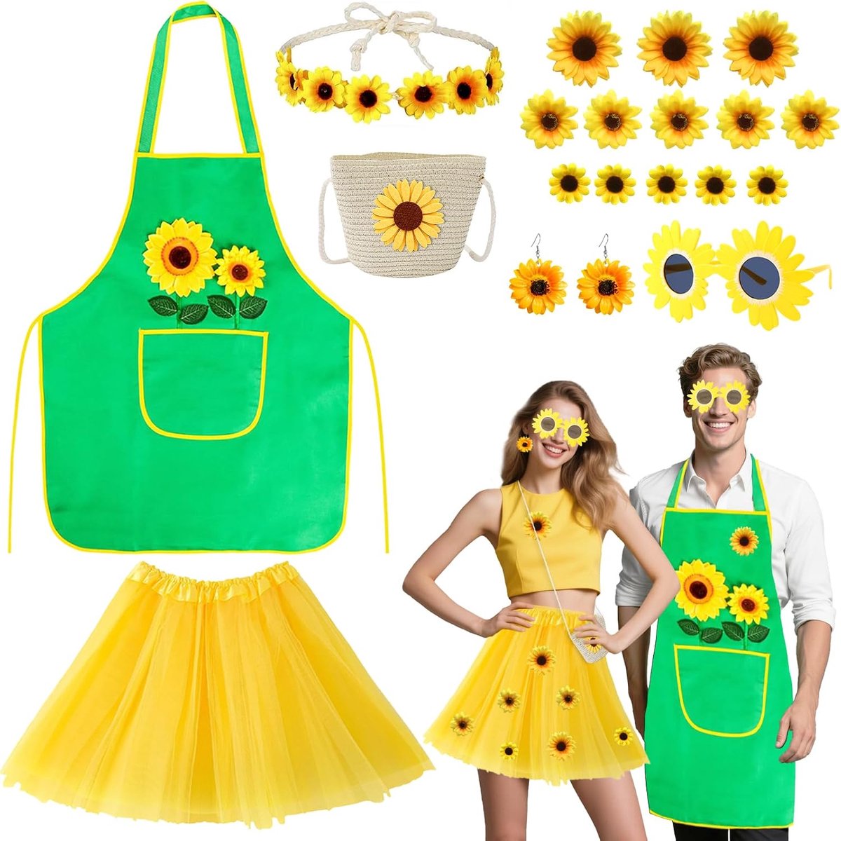 19 stuks zonnebloem-kostuum voor dames en heren, tuinderkostuum set met tutu, rok, tuinderschort, schoudertas, hoofdband, bril, oorbellen, accessoires voor carnaval, cosplay, themafeest