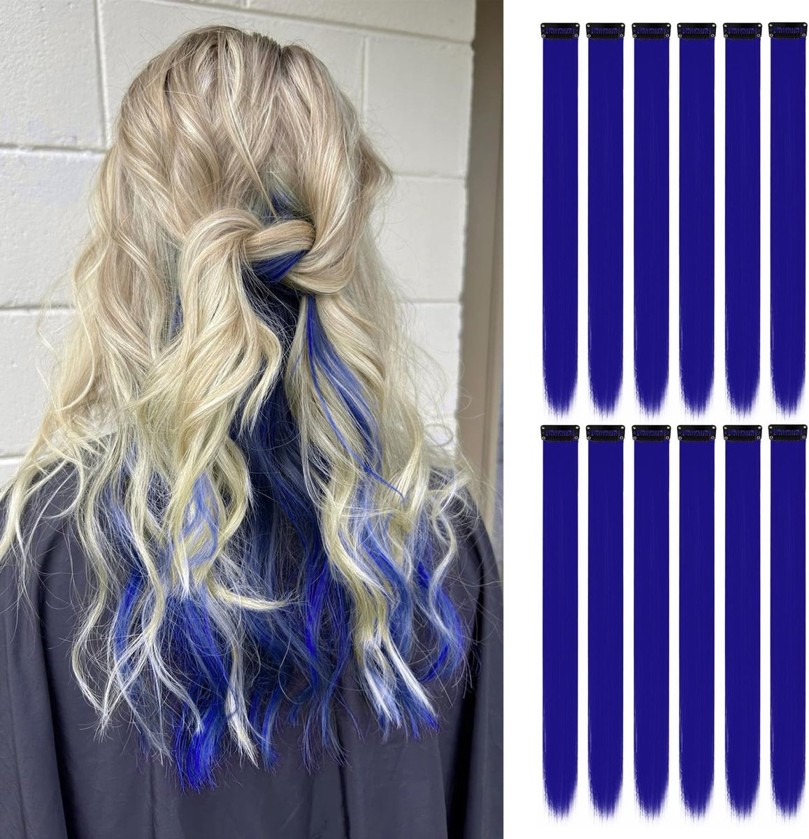 12 Stuks Blauwe Haar Extensions | 56 cm Clip-In Haarstukken | Gekleurde Lange Rechte Haarstukken van Synthetisch Haar voor Meisjes, Kinderen, Vrouwen, Dagelijks, Feest, Kerstmis (Blauw)