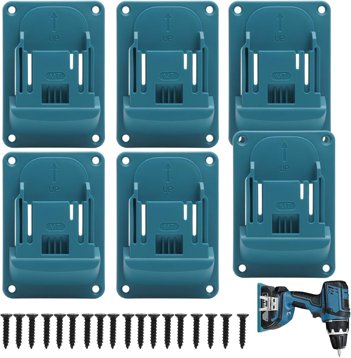 6 stuks muurbeugel met 24 schroeven voor Makita 14,4/18V wandgereedschapshouder voor werkplaats en garage, compatibel met 14,4/18 V (blauw)