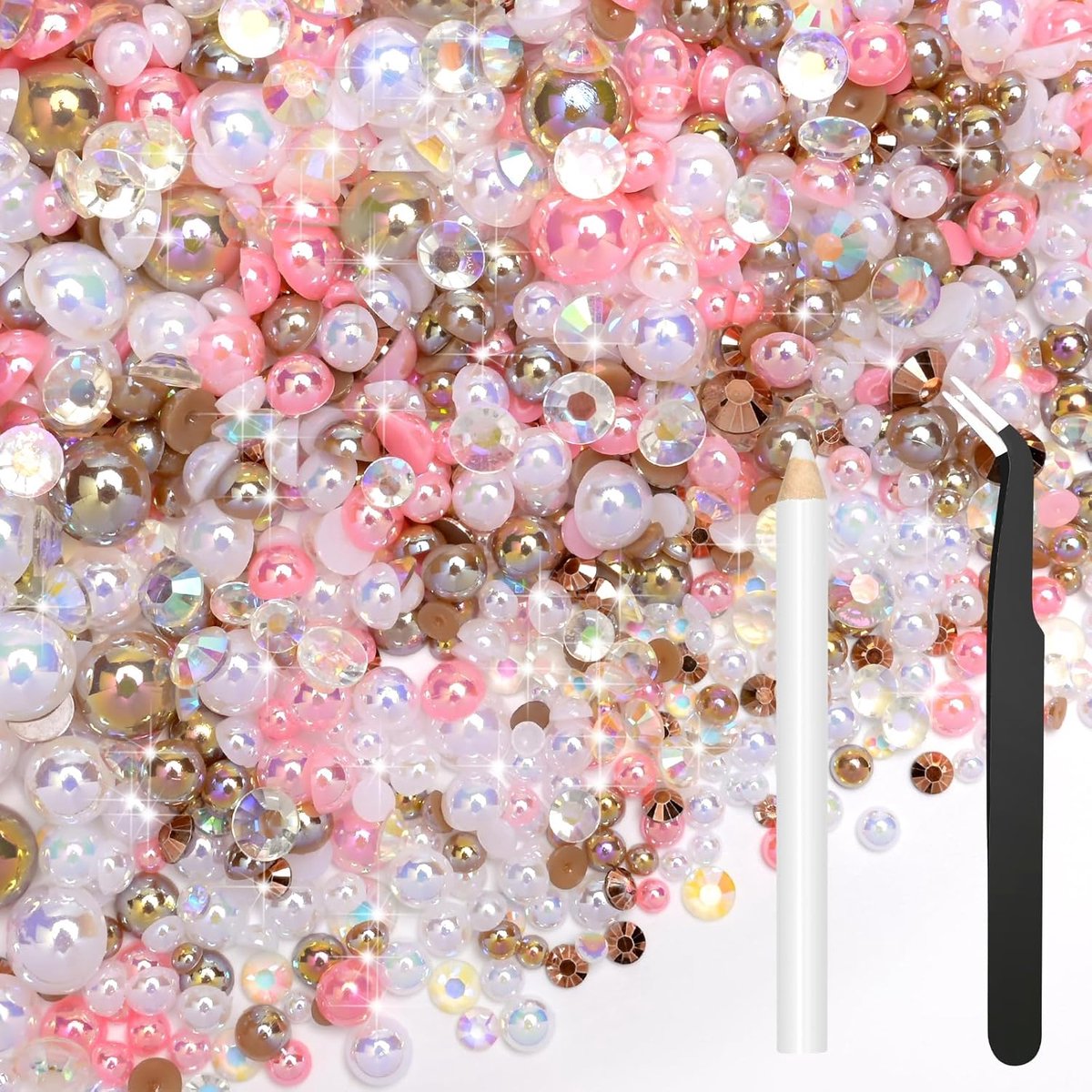 80 g mix van halve kralen en glitterstenen voor kunsthandwerk, bruin, roze, strass-steentjes voor kleding, knutselen, gezicht, nagelkunst, flessen, bekers, schoenen, geschenken, doe-het-zelf