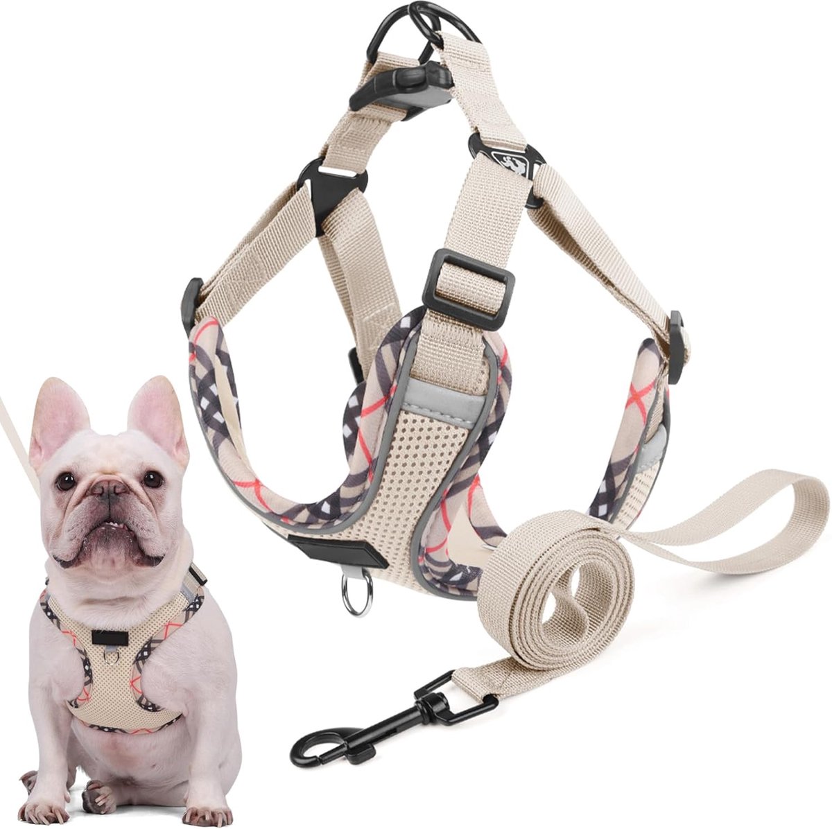 Hondentuig met riem, anti-trekharnas voor kleine en middelgrote honden, reflecterend en gevoerd, zacht harnas voor puppy's, ideaal voor wandelen, hardlopen en training (beige, XS)