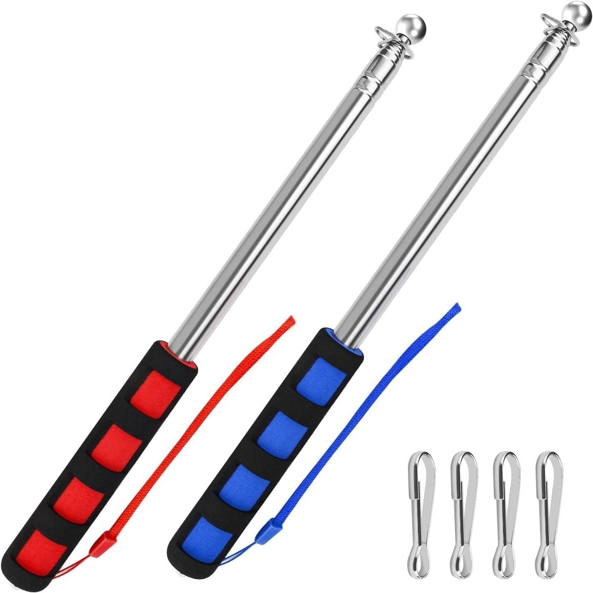 2 stuks 7 secties 5,25 ft/1,6 m telescopische vlaggenmast, roestvrijstalen handheld vlaggenmast met 4 metalen clips en ergonomisch handvat, draagbare gids vlaggenmast kit voor optochten, evenementen
