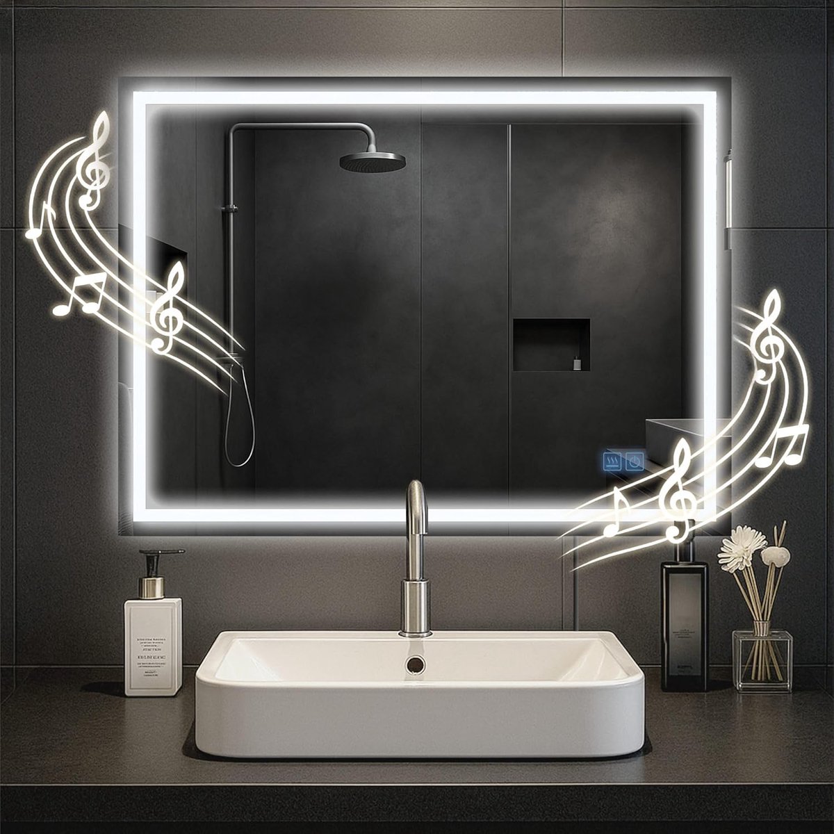 Jaffrey badkamerspiegel - met verlichting - met verwarming - wandspiegel - horizontaal en verticaal - met Bluetooth -, Maat:60x80 cm