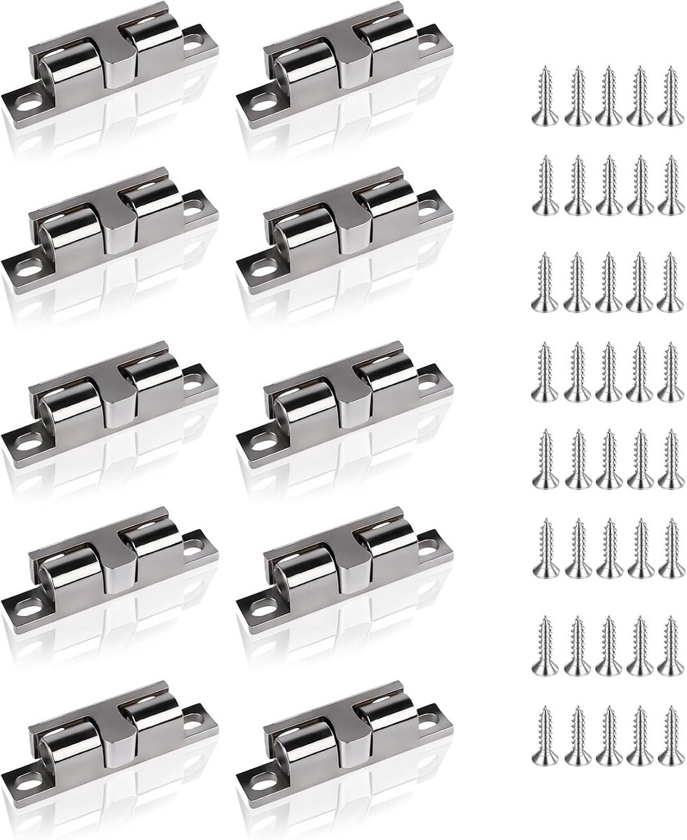 10 stuks kogelsluiters, 50 mm dubbele kogelsluiter, Deursnapper Verstelbare Dubbele Kogelsnapper voor Kastenkastkasten Meubels, kasten, badkamers, kledingkasten, laden （50 mm, Zilver）