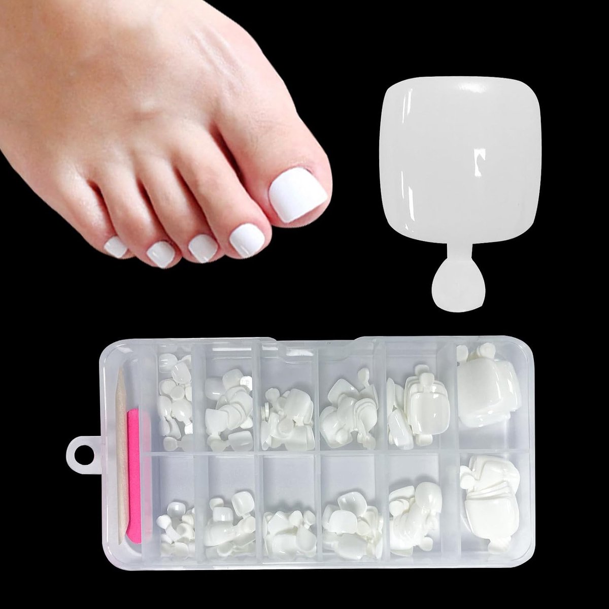 Kunstnagels voor tenen, kort, 120 stuks in 12 maten, vierkant, effen wit, volledige dekking, opplakteennagels