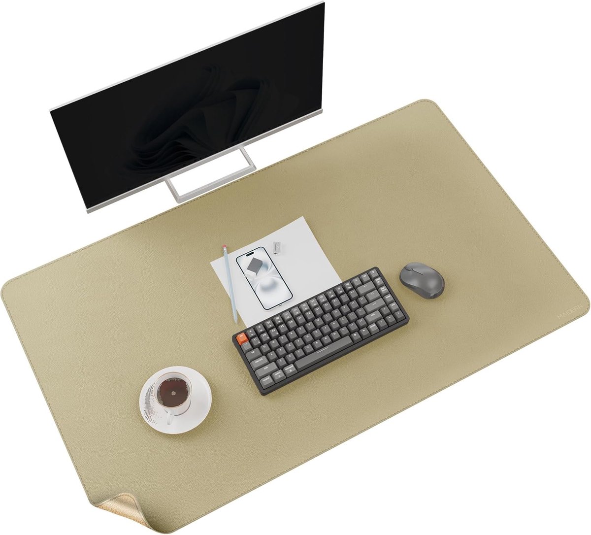 Bureauonderlegger, kurk en leer, 100 x 60 cm, dubbelzijdige bureauonderlegger, vilt, grote muismat, waterdicht, bureauonderlegger, kantoor en thuis, goudkleurig
