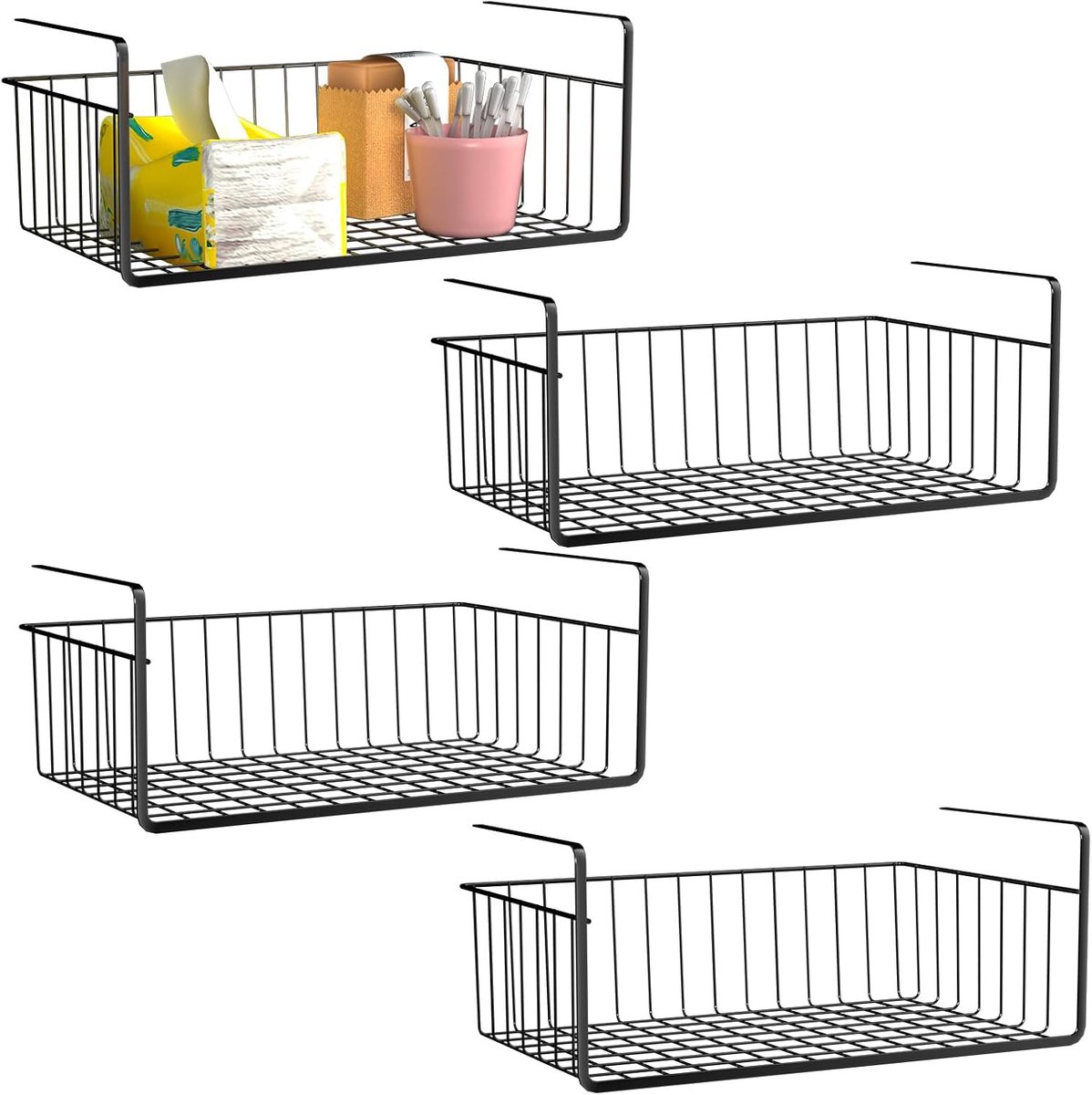 4 stuks opbergmanden, hangmand, metalen draadmand, rek onder kast, mandorganizer, hangende rekmand voor keuken, kantoor, eetkamer, badkamer, kast, 40 x 25 x 15 cm