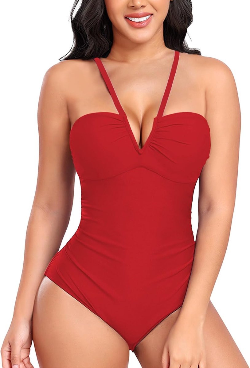 Badpak voor dames, V-hals, eendelig badpak, monokini, rugvrij, elegante buikcontrole, eendelige badmode
