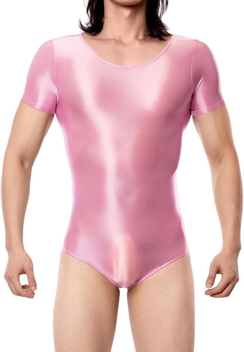 Mannen Olie Glanzende Bodysuit Korte Mouw Bodysuit Super Stretch Bodycon Ondershirt Pyjama Glanzend Turnpakje