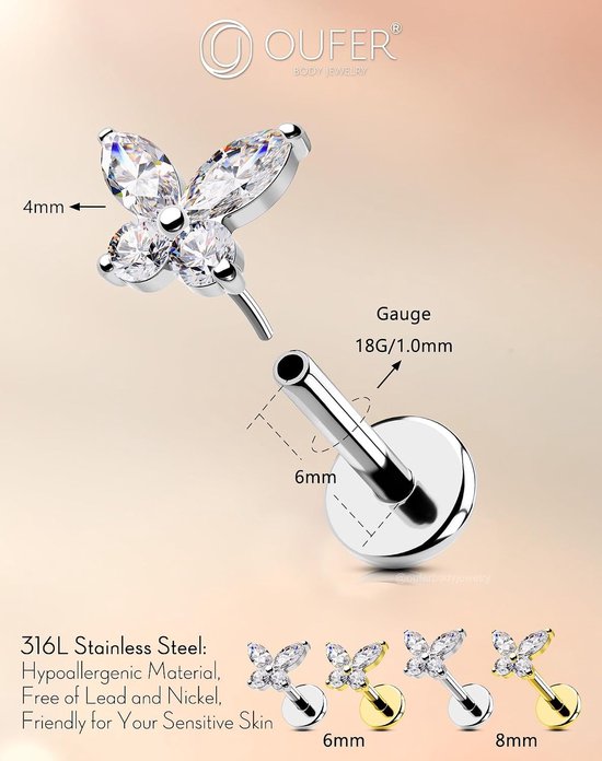 Body Piercing 18G Surgical Steel Lip Piercing Hypoallergenic Butterfly Helix Stud Clear Cubic Zirconia Tragus Conch Labret Piercing Jewelry 6/8mm Flat Back Earring — afbeelding 5