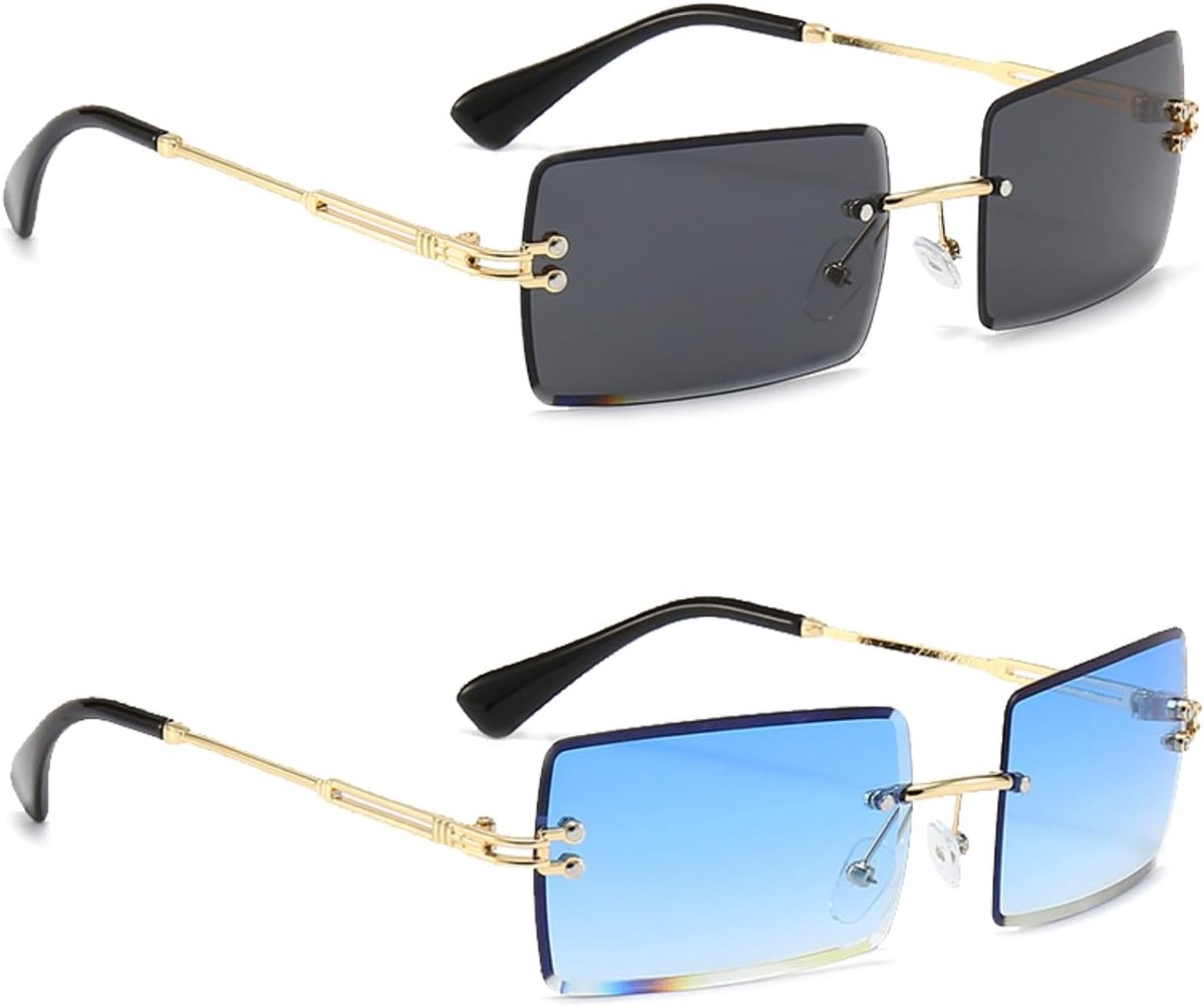 2 paar retro rechthoekige frameloze zonnebril zonnebril 90 stijl bril vierkante rimless zonnebril voor dames heren