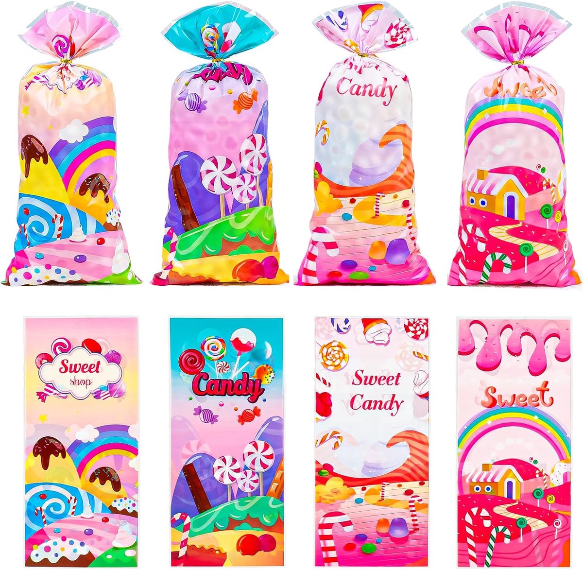 50 stuks cellofaan traktatiezakjes regenboog snoep cellofaan snoep koekjes geschenkzakken 12,7 cm x 27,4 cm met bindstrips voor snacks, bakkerij, verjaardag, bruiloft en feest