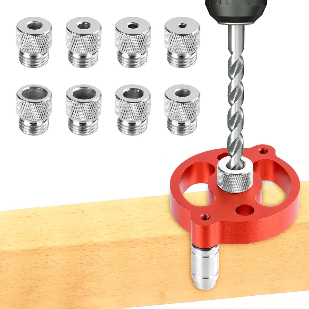 Houtbewerking Centrum Zoeker Kit, 3-in-1 Boor Geleider Locator met 3/4/5/6/7/8/9/10mm Boor Bussen, Timmerwerk Boor Geleiders Set voor Verticaal Gat Boren (Rood)