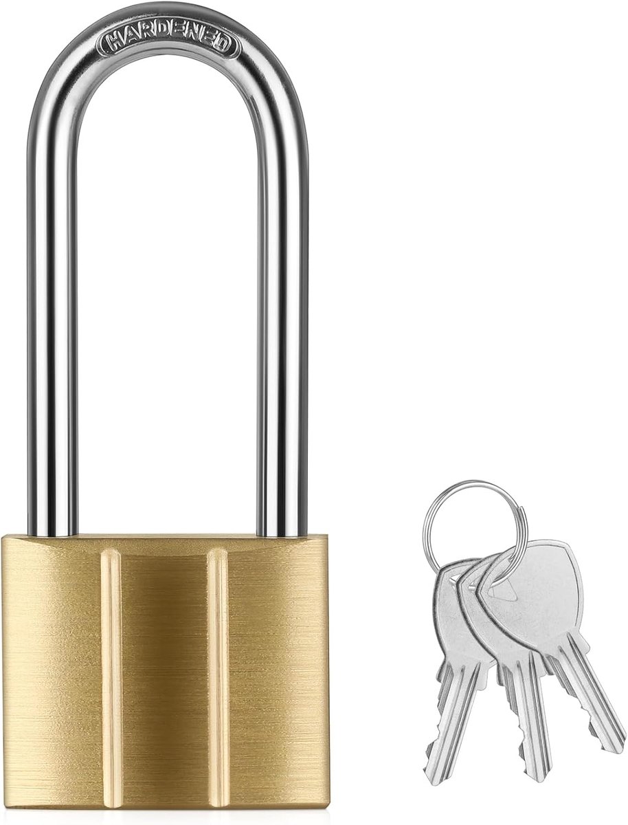 Messing hangslot, 6 mm beugeldikte, massief messing slot | Corrosiebestendig hangslot met 3 sleutels, hangslot voor schuur, hek, kasten, fitnessstudio, gereedschapskist