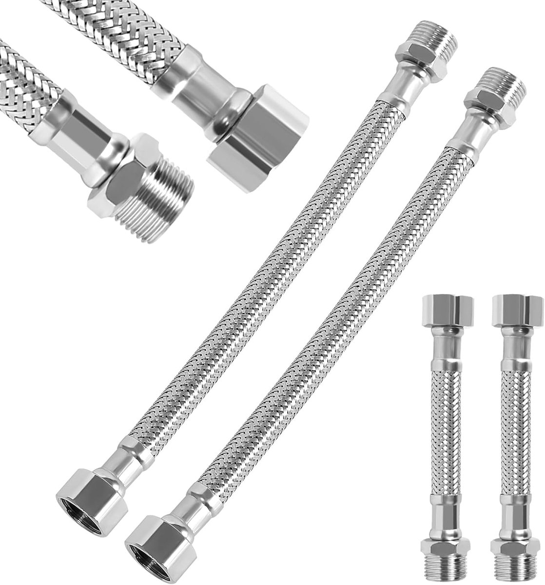 slang 3/8, 4 stuks, 304 roestvrij staal, flexibele slang, pantserslang 3/8 inch, flexibele armatuurslang, verlenging, armatuurslang voor kraan, badkamer, toilet (20 cm/10 cm)