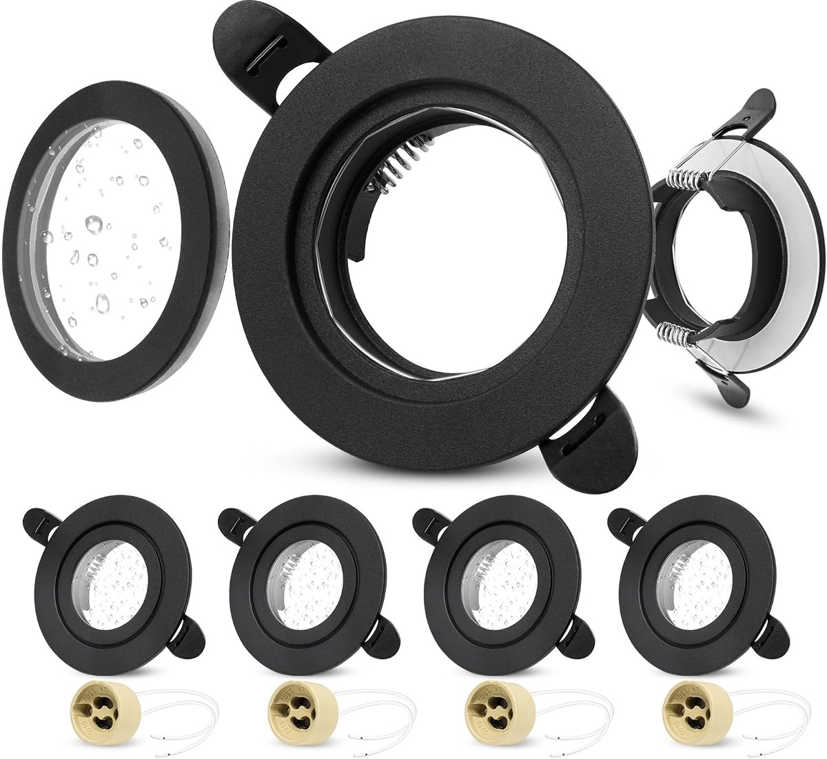 4 x LED Inbouwframe IP65 Incl. GU10 Fitting, LED Inbouwspot 230V 58-75mm, Rond Aluminium Inbouwspots GU10 Plafondspot, Inbouwframes Zwart