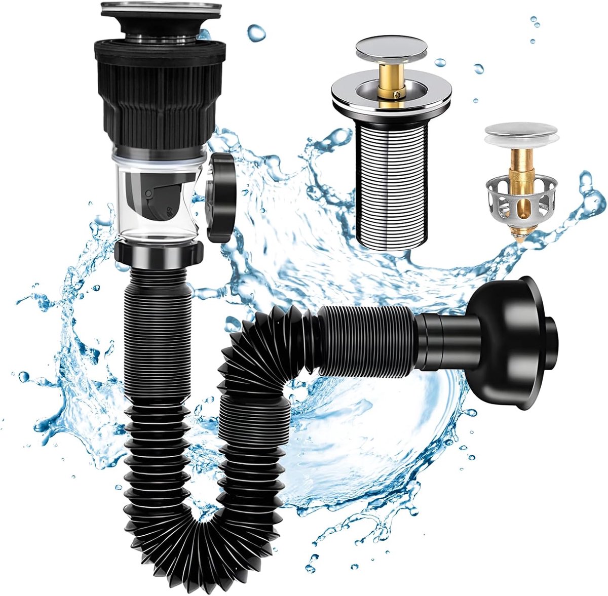 SnelShoppen - Drain Pipe Set voor Wastafel, Siphon Kit met Afvoerset, Uitschuifbare PVC Buizen 295-985mm, RVS Afvoerplug en Flexibele Slang, Geschikt
