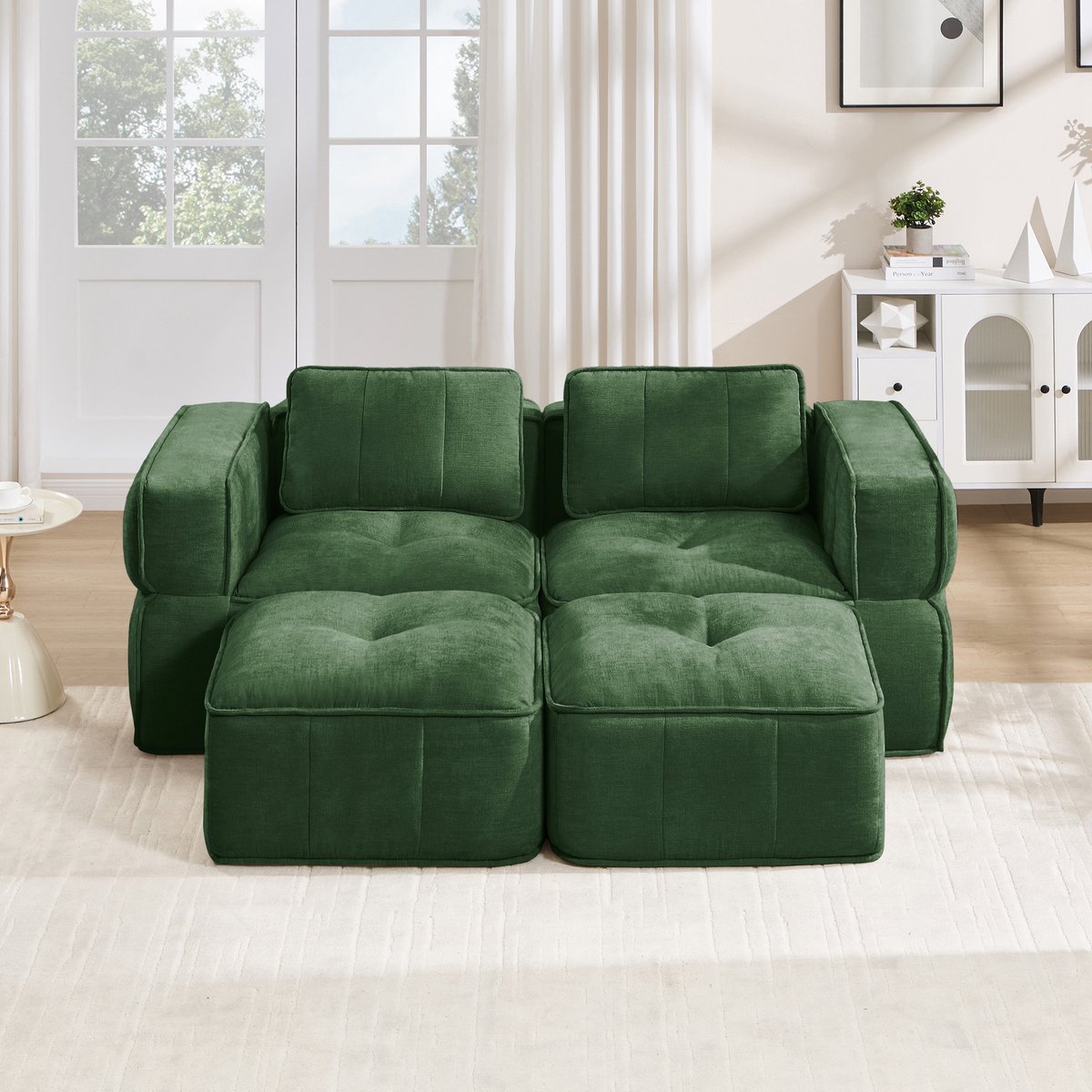 Pugsdrly Modulaire tweezitsbank met twee poefs, zonder steunpoten, 32D-schuim met hoge dichtheid, diepe zitting, zachte en comfortabele stof, ideaal voor de woonkamer en appartementen, groen.