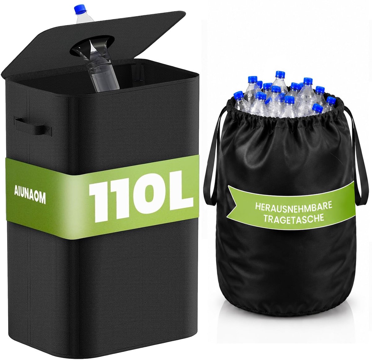 SnelShoppen - 110L Deposit Geldfles Verzamelaar met Deksel, Vouwbare Flesverzamelaar voor PET Flessen en Blikjes, Grote Recycling Tas Organisator voor