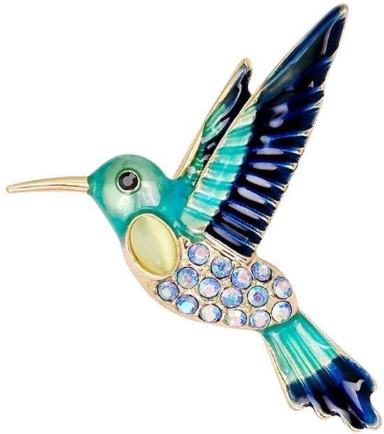 Broche colibri bleu-vert avec ailes bleues et strass sur le corps.