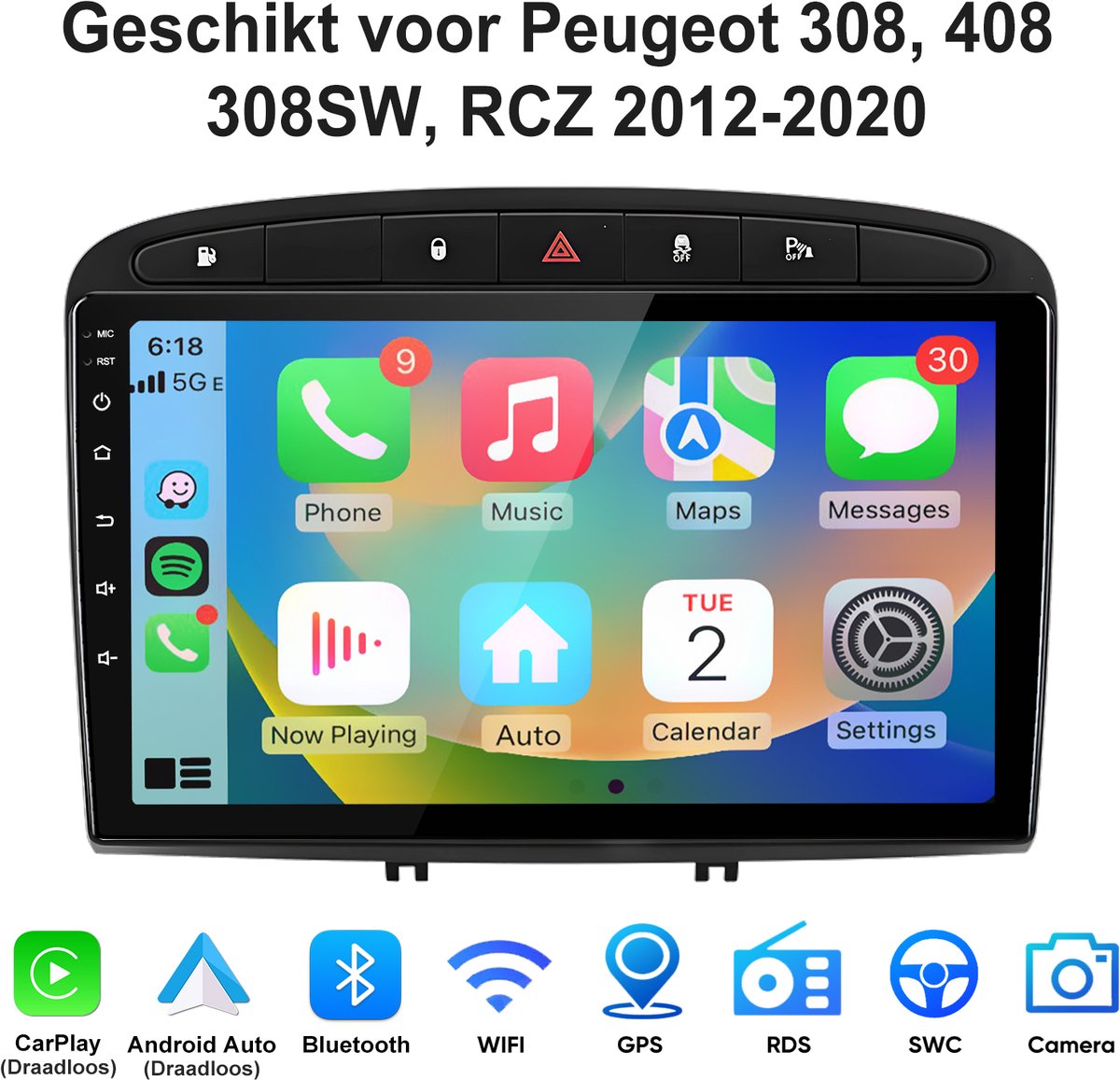 Junsun Android 15 Autoradio Geschikt voor Peugeot 308, 408, 308SW, RCZ 2012-2020 met Bluetooth- Draadloze CarPlay & Android Auto - Bluetooth - GPS-navigatiesystem - 9 Inch TouchScreen - WiFi - Stuurwielbediening - RDS - USB