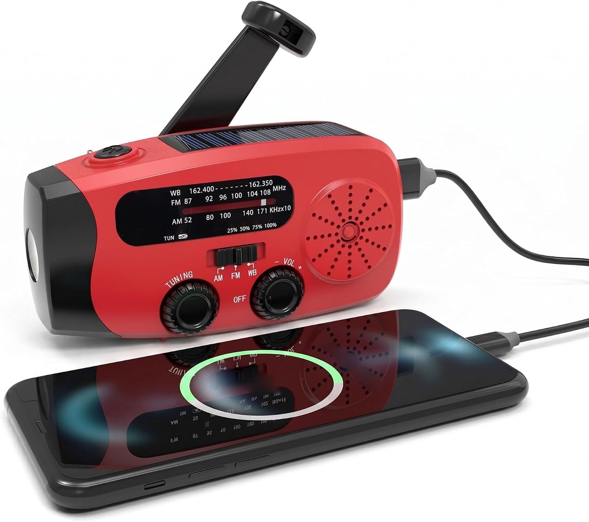 SnelShoppen - Handcrank Radio met Solar, LED Zaklamp, SOS Alarm en Powerbank voor Kamperen, Noodsituaties, Weeralarm, Draagbare AM/FM/WB Ontvanger