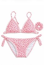 Meisjes Bikini 7-8 jaar - Roze Hartjes Panterprint met Shine Effect & Scrunchie - 98 tot 164