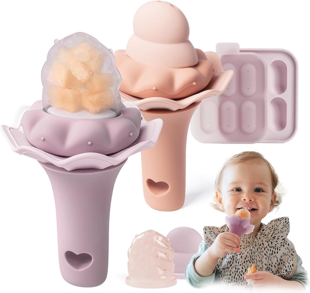 Vruchtenspeen Baby met Vriesvak, 2 Stuks, Vanaf 4 Maanden, Twee Formaten Zakjes, Handvat met Rammelaar, BPA-vrije Siliconen