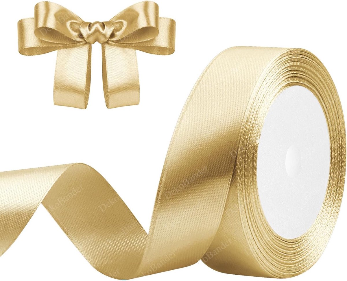 lint, goudkleurig, 25 mm x 23 m, cadeaulint | Voor het verpakken van geschenken, knutselen, naaien, bruiloftsdecoraties, kerstdecoraties