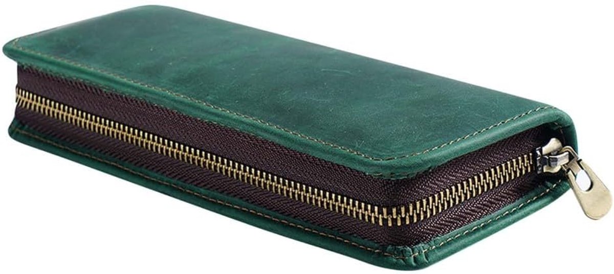 Lederen etui, vintage pennenetui met ritssluiting voor 9 pennen en 2 fonteinen voor werk, kantoor, universiteit, Donkergroen,, 20 x 8 x 3 cm, Vintage