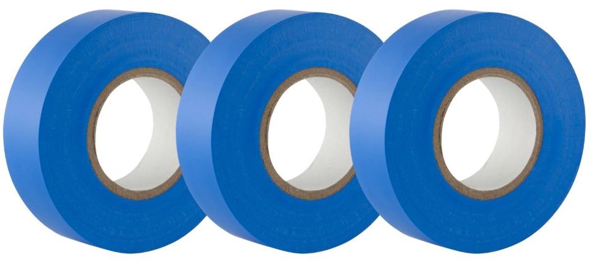 Isolatietape, pvc, 19 mm x 20 m, blauw, 3 rollen | Duurzaam en zelfklevend – voor het isoleren, repareren en beschermen van elektrische draden – elektriciens en doe-het-zelvers