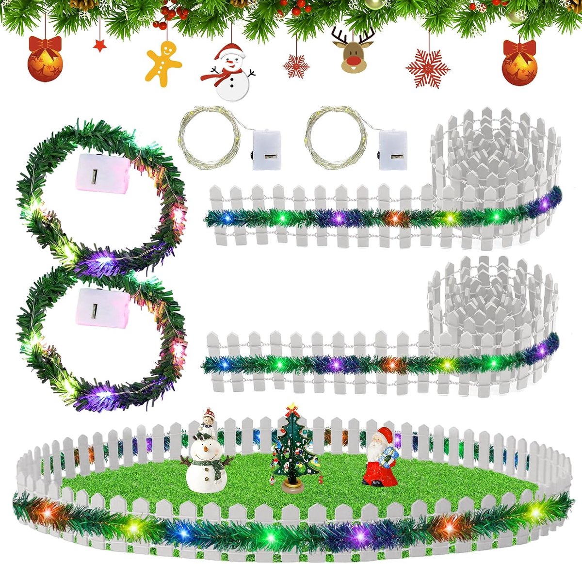 kabouteraccessoires Kerstmis, miniatuur hek tuinhek, houten omheining, kabouterhek miniatuur decoratie, led-poppenhuis accessoires met led-lichtketting, kabouterhuis kerstdecoratie