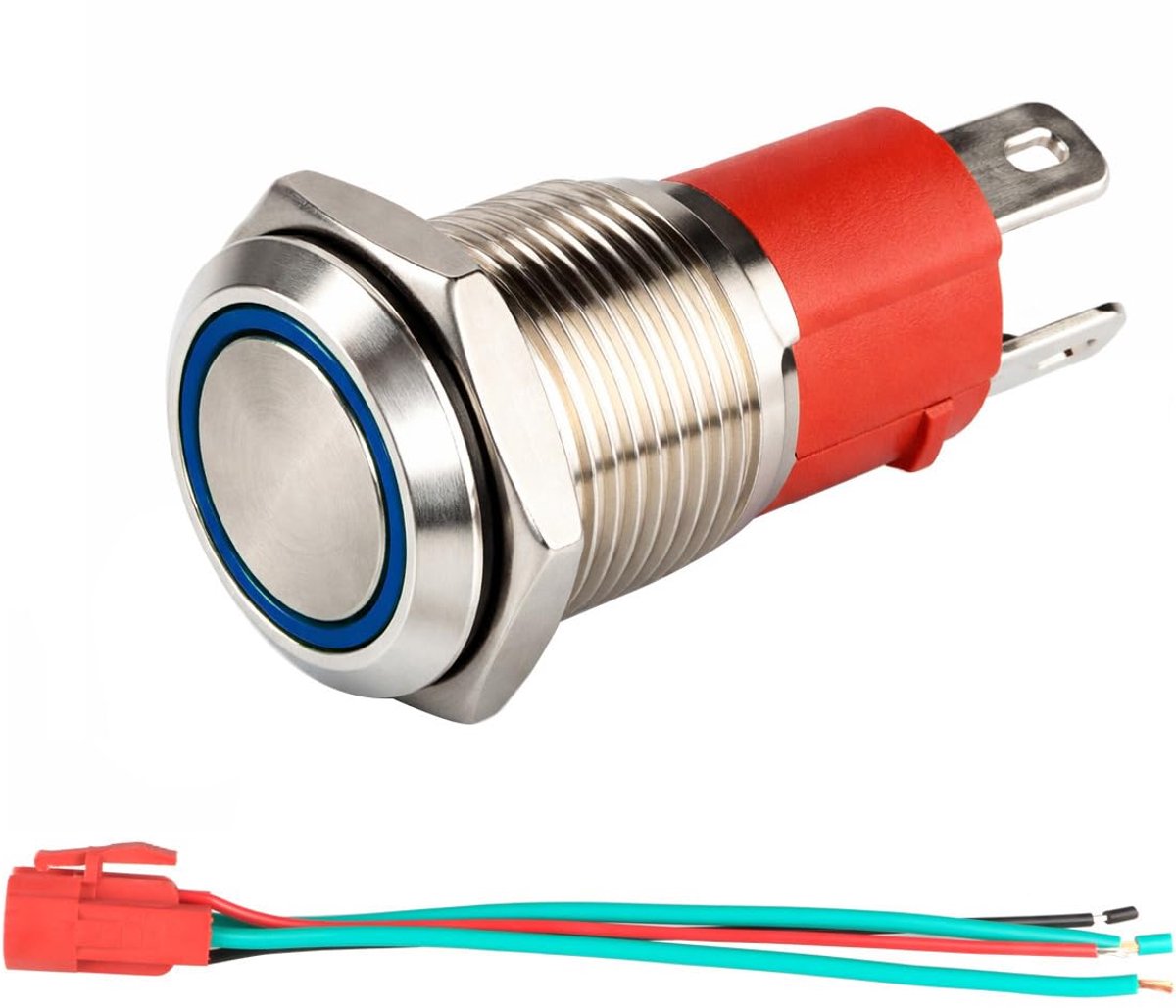 220V-230V/15A Kortstondige Drukknop NO Waterdicht Blauw LED-licht Verlicht 16mm Metalen Startknop met Stopcontactstekkerdraad