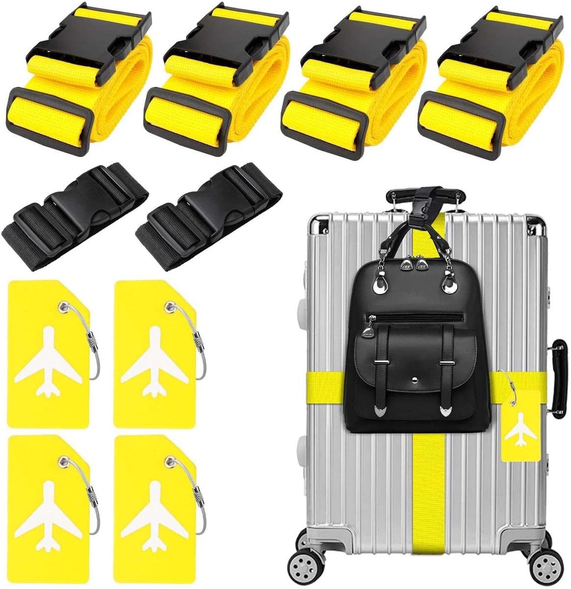 4 stuks kofferriemen, 4 stuks kofferlabels en 2 stuks riemen voor extra bagage, kofferbandriem, verstelbare kofferbanden, opvallende bagageriem voor koffer, geel