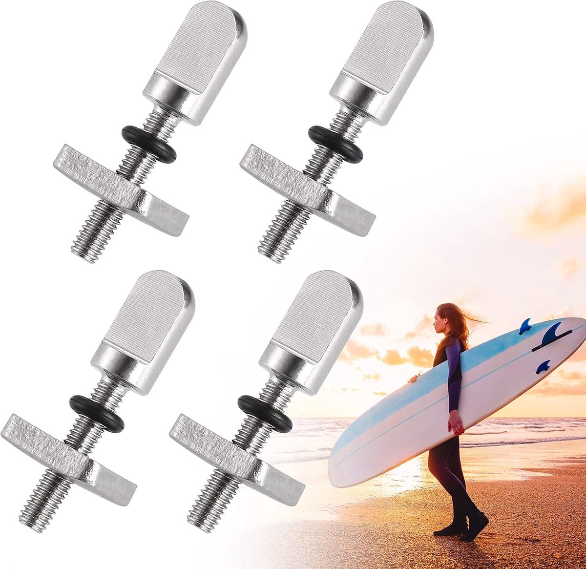 4-delige SUP-vinschroef, surfplankvinnenschroeven met plastic doos, vervangende roestvrijstalen paddleboard-vinschroefset surfplankaccessoires voor longboard, opblaasbare SUP, zilver