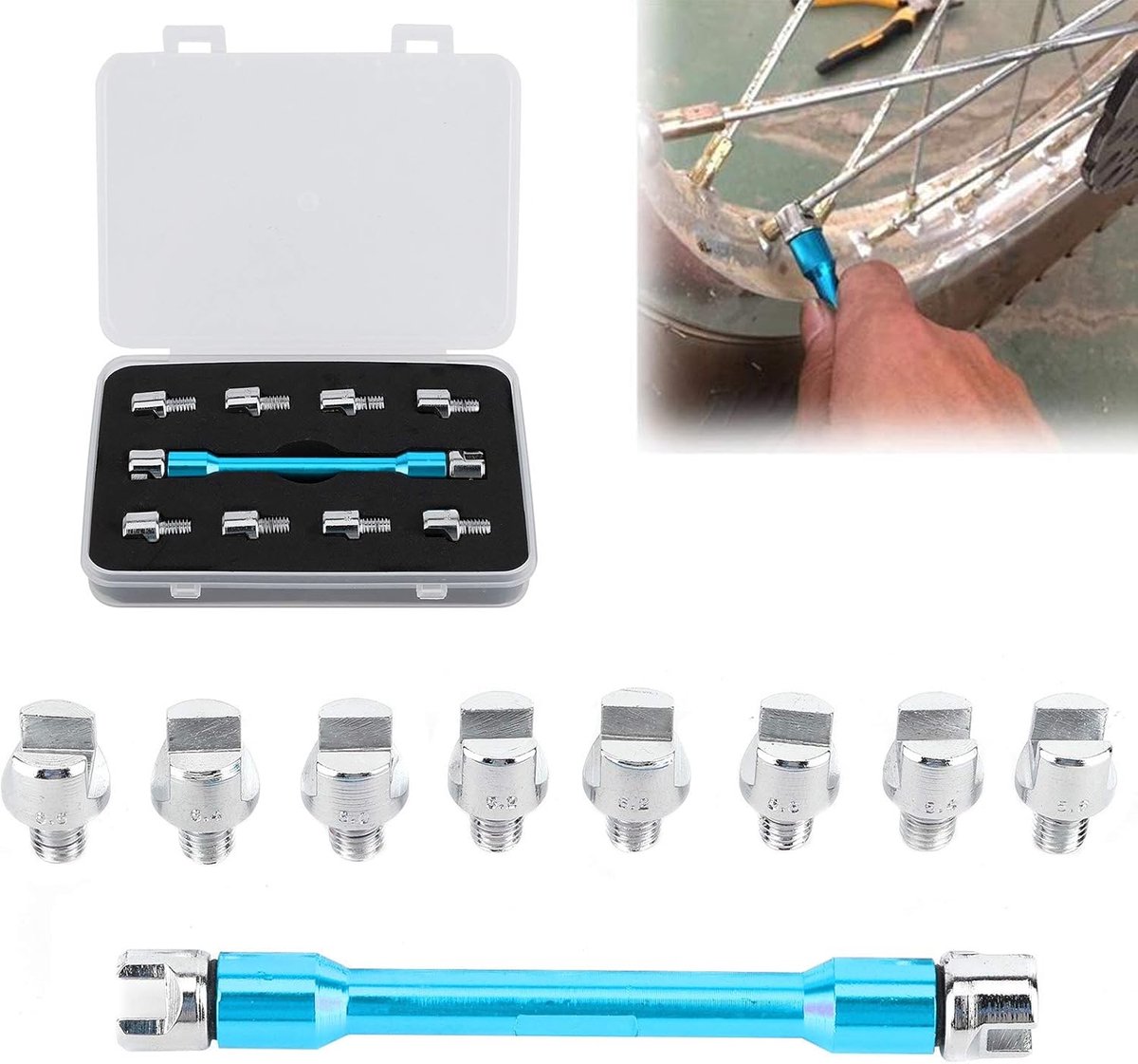 Spaaksleutelset, Crossmotor Wiel Spaak Momentsleutel Kop 10 Maten 5,0-6,8 mm CNC-moersleutelset met Verpakkingskoffer Reparatiegereedschap voor Motorwielen Lengte 93 mm (Blauw)